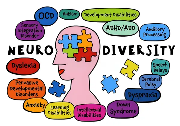 Diagram showing various neurodiversity conditions like autism, ADHD.