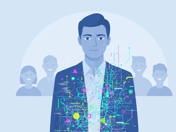 Une illustration divisée montrant un adulte gérant une réunion avec assurance, à côté d'une vue interne d'un cerveau bourdonnant et submergé