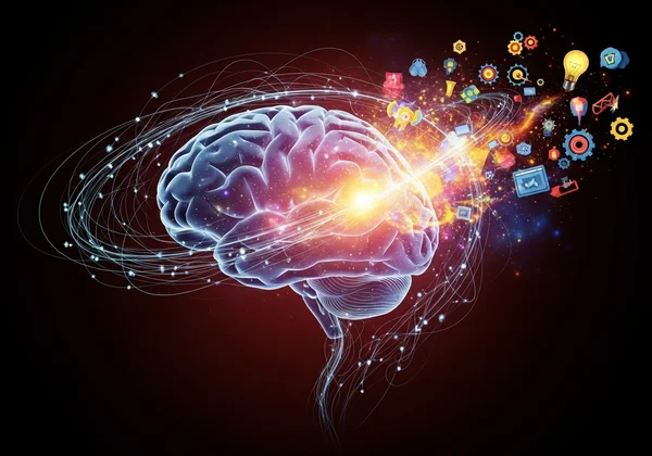 Brain glowing with unique ideas, symbolizing creativity.