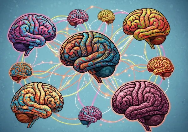Diverse brains connecting, symbolizing neurodiversity.
