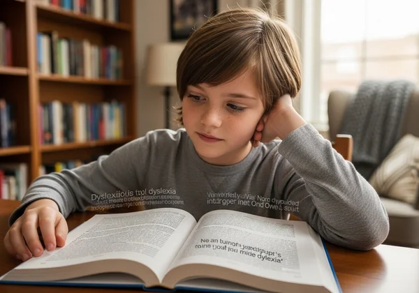 Young child reading a book, with blurred letters hinting difficulty