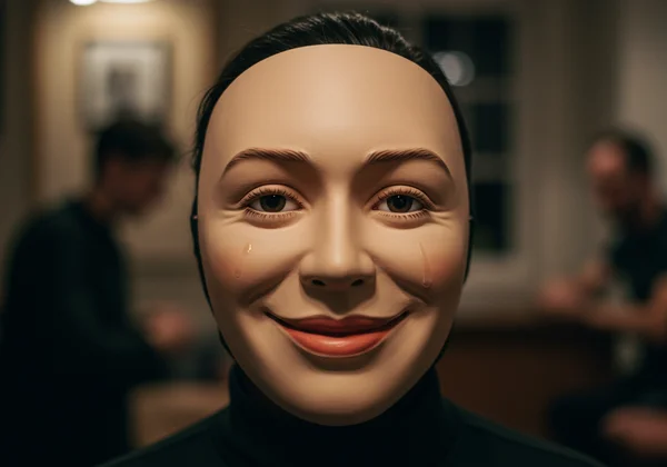 Person wearing a smiling mask, looking exhausted underneath