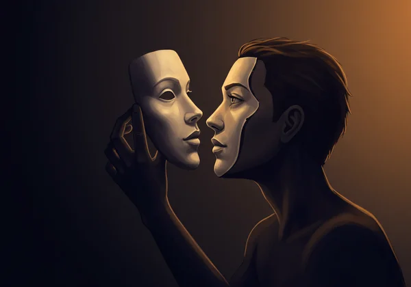 Person shedding a mask, stepping into light and authenticity