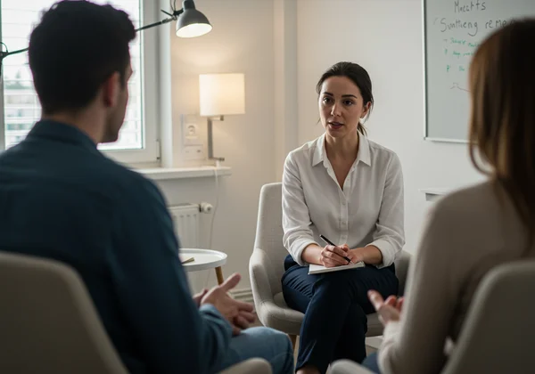 A person receiving supportive advice from a professional.