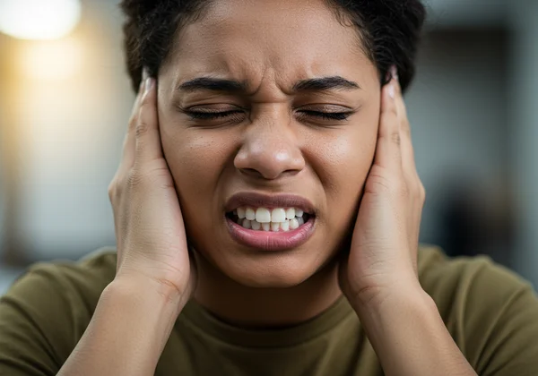 Person covering ears, squinting, feeling overwhelmed by noise