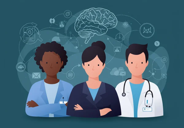Three diverse professionals representing different specialties