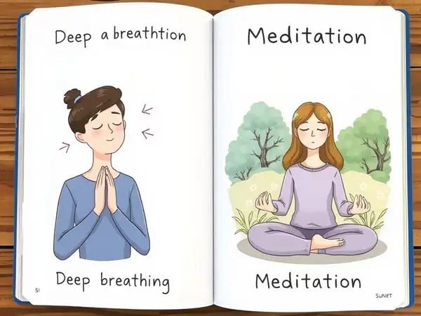 Ilustrasi teknik kawalan emosi seperti pernafasan dalam, meditasi.